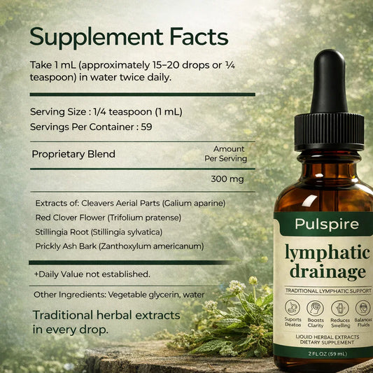 Pulspire lymphatic drainage supplement bottle with traditional herbal extracts and supplement facts label