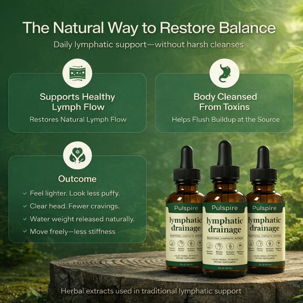 Pulspire lymphatic drainage supplement bottles on wood with text about natural lymph flow support and toxin cleansing