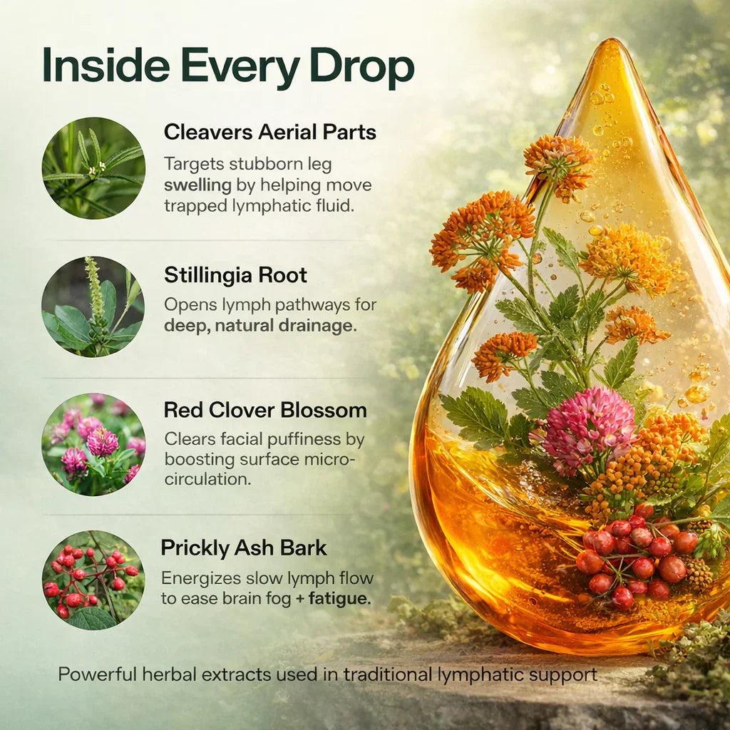 Illustration of herbal extracts inside a golden drop highlighting cleavers, stillingia root, red clover blossom, and prickly ash bark for lymphatic support